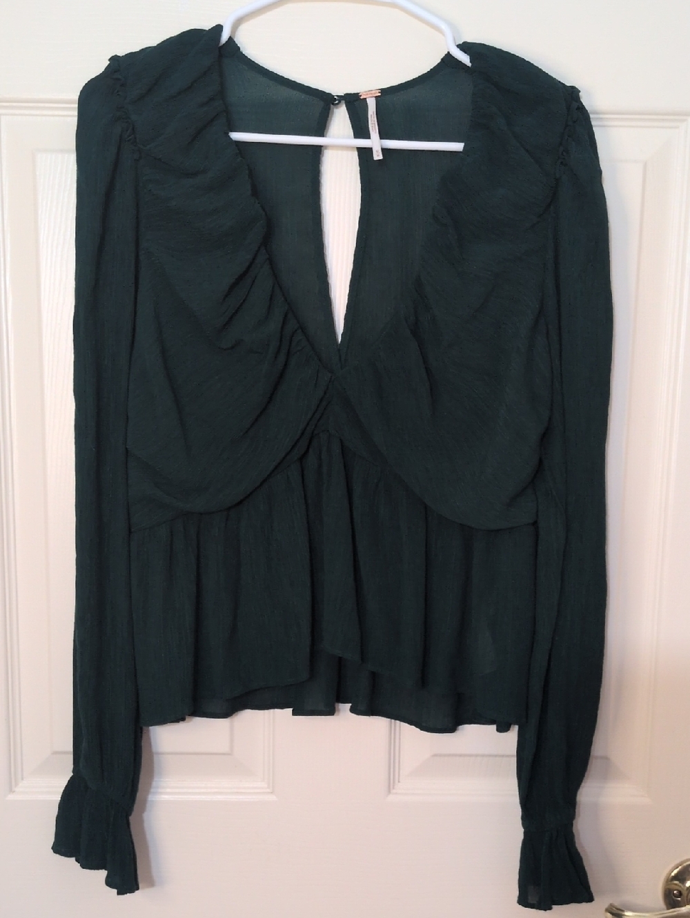 Free People Women's Emerald Green Ruffled V-Neck Blouse, Size medium